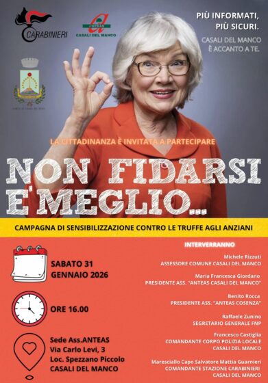 Truffe agli anziani. Incontro pubblico dell’ANTEAS di Casali del Manco