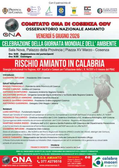 Rischio amianto in Calabria. Convegno ONA a Cosenza