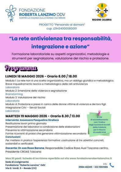 Fondazione Roberta Lanzino. Formazione su rete antiviolenza per assistenti sociali