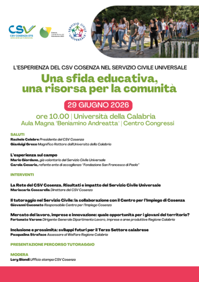 L’esperienza del CSV Cosenza nel servizio civile. Convegno all’Unical
