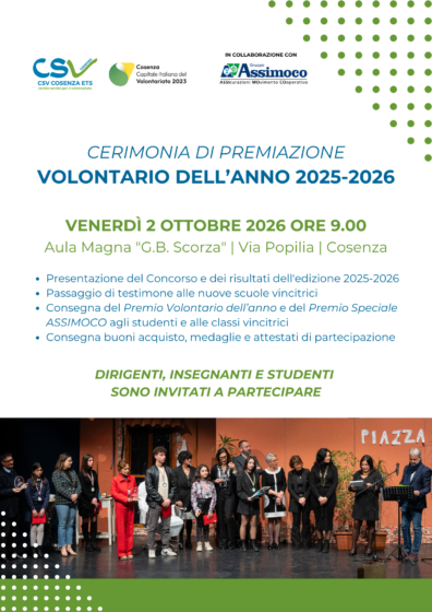 Volontario dell’Anno 2025-2026. Premiazione il 2 ottobre allo Scorza