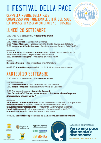 Al via il Festival della Pace promosso dalla Comunità Regina Pacis