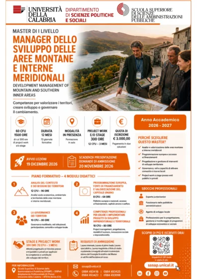Master Unical in “Manager dello sviluppo delle aree montane e interne meridionali”