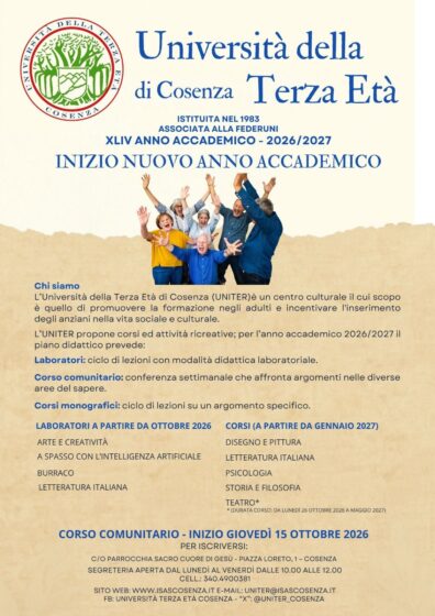 Aperte iscrizioni a 44° Anno Accademico Università della Terza Età di Cosenza